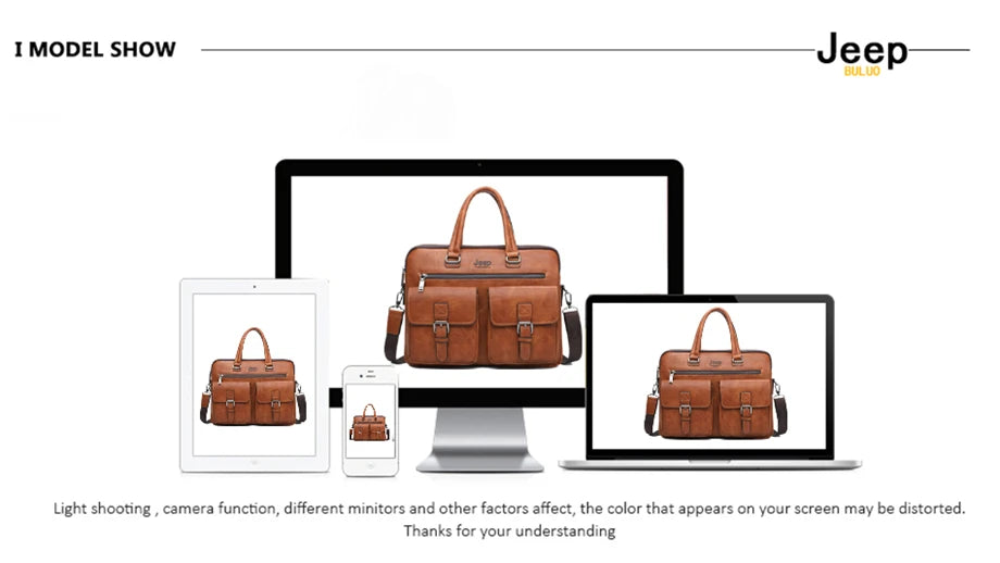 JEEP BULUO Men's Leather Briefcase Set 2pcs Laptop Bag