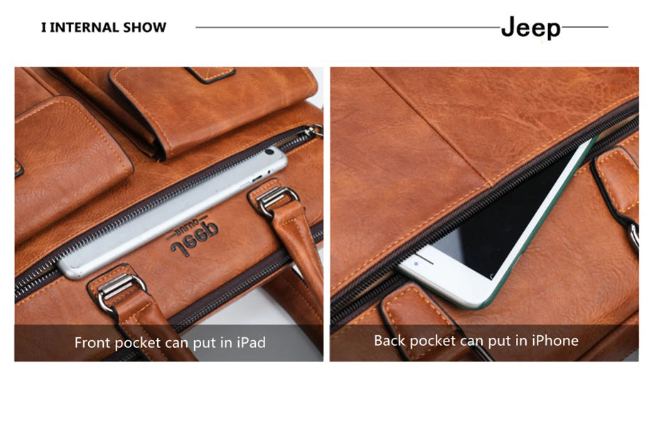 JEEP BULUO Men's Leather Briefcase Set 2pcs Laptop Bag