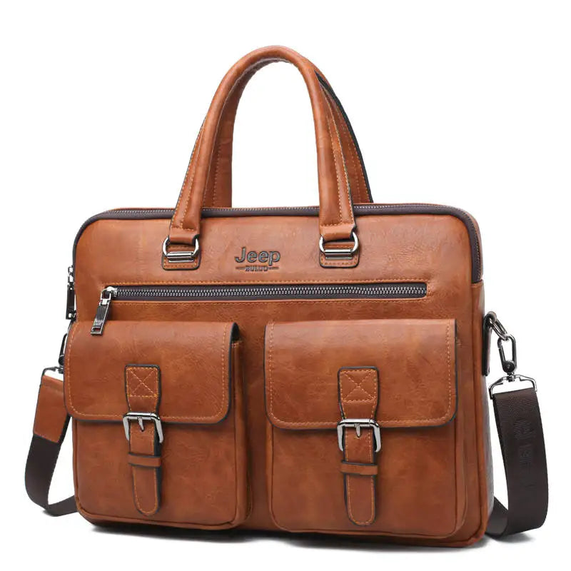 JEEP BULUO Men's Leather Briefcase Set 2pcs Laptop Bag