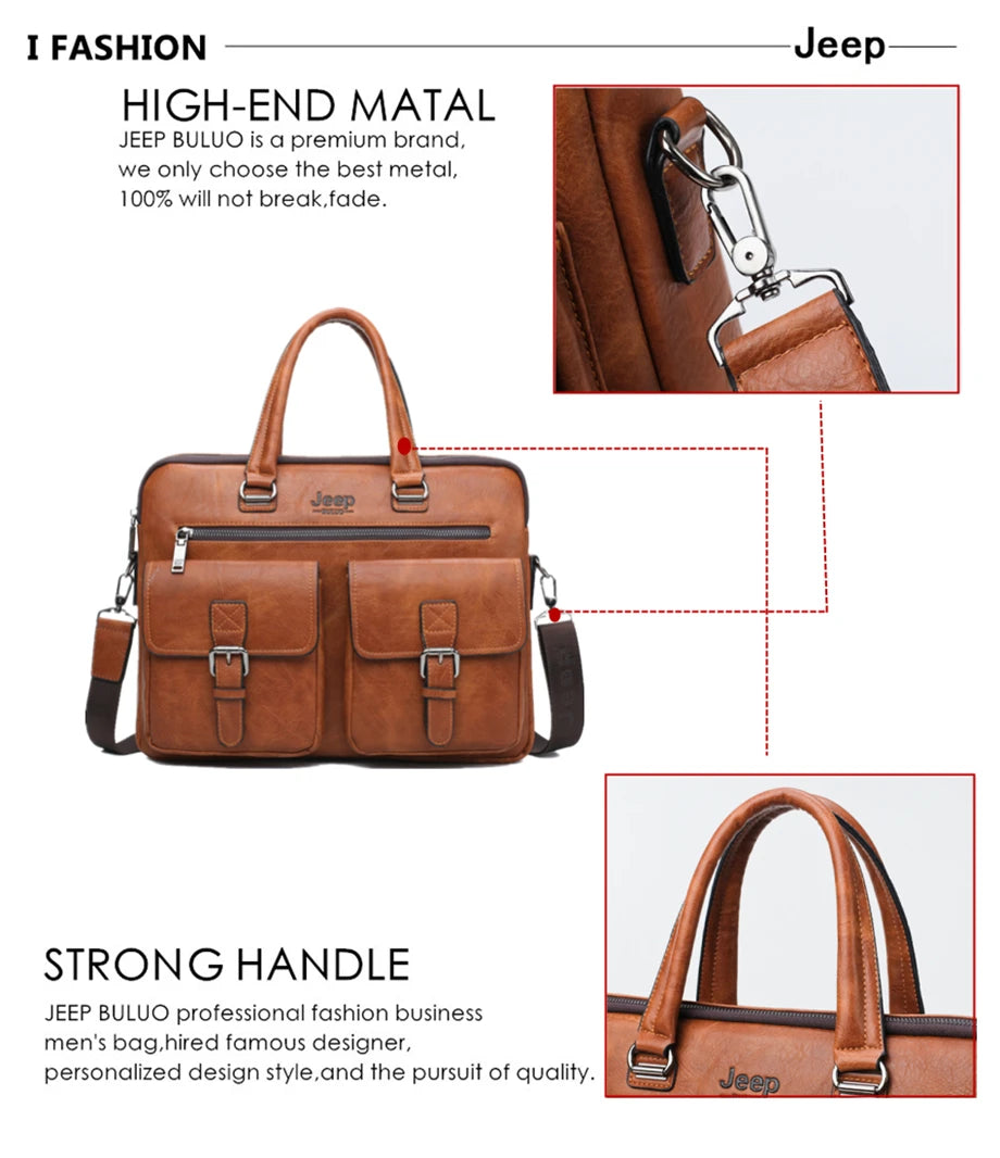 JEEP BULUO Men's Leather Briefcase Set 2pcs Laptop Bag