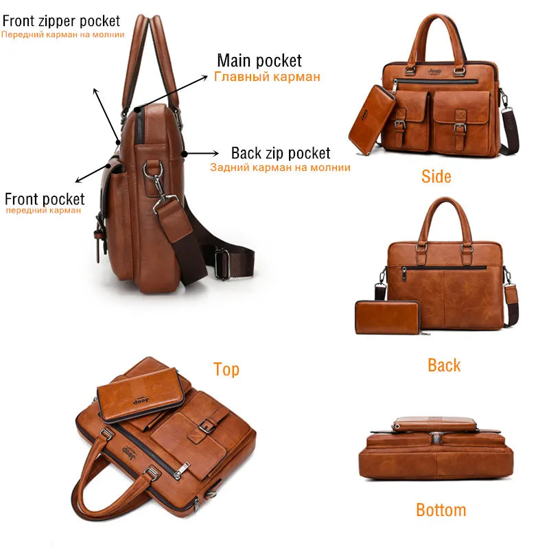 JEEP BULUO Men's Leather Briefcase Set 2pcs Laptop Bag