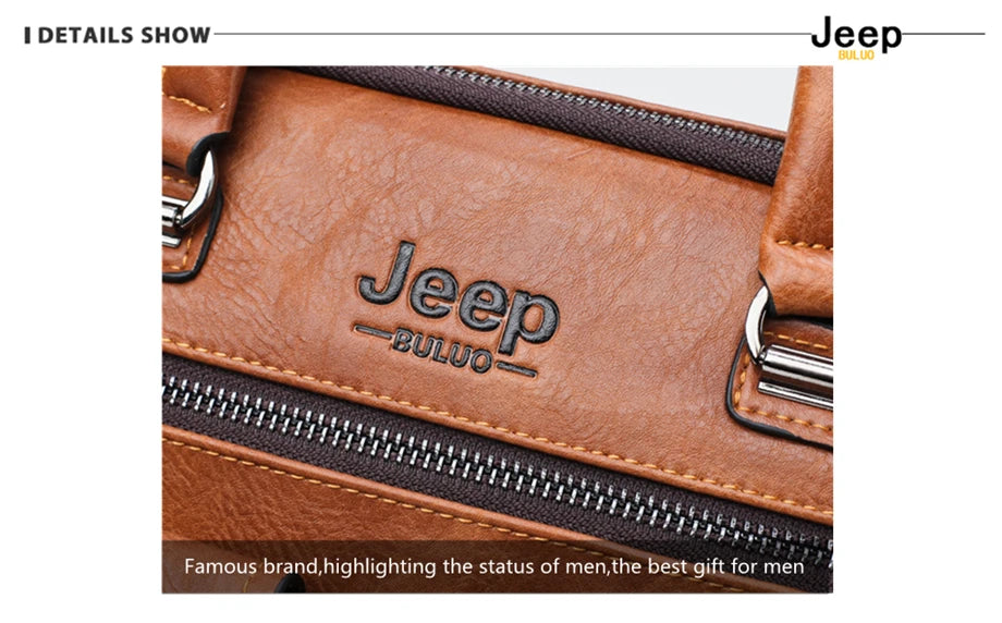 JEEP BULUO Men's Leather Briefcase Set 2pcs Laptop Bag