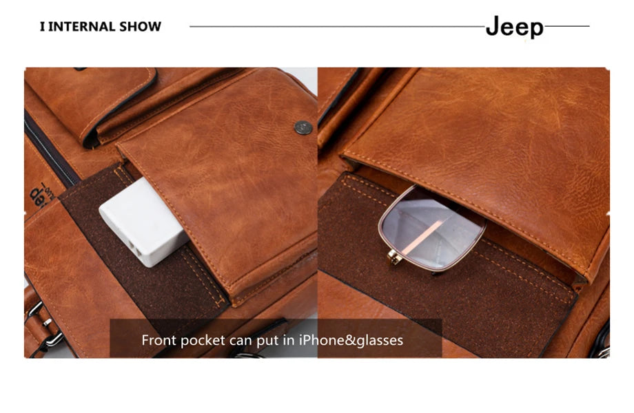 JEEP BULUO Men's Leather Briefcase Set 2pcs Laptop Bag