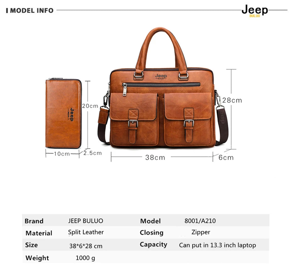 JEEP BULUO Men's Leather Briefcase Set 2pcs Laptop Bag