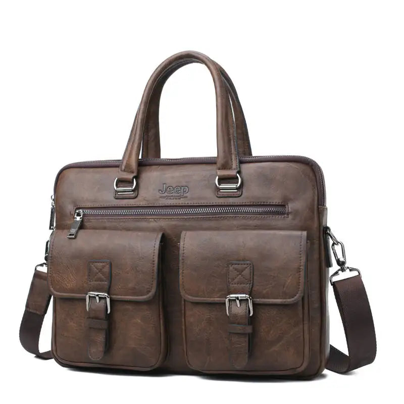 JEEP BULUO Men's Leather Briefcase Set 2pcs Laptop Bag