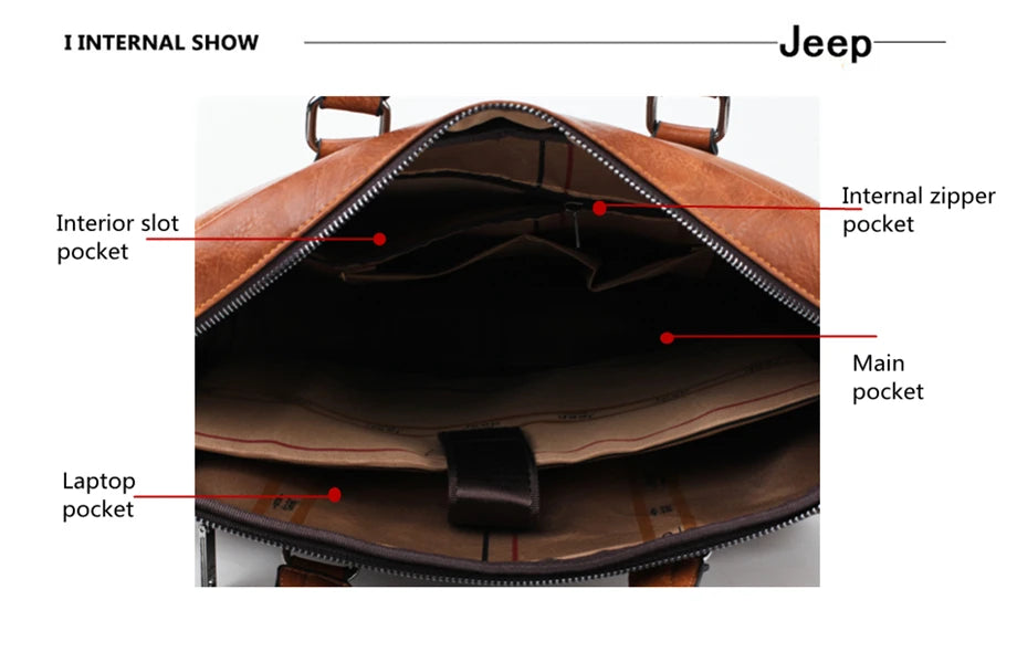 JEEP BULUO Men's Leather Briefcase Set 2pcs Laptop Bag
