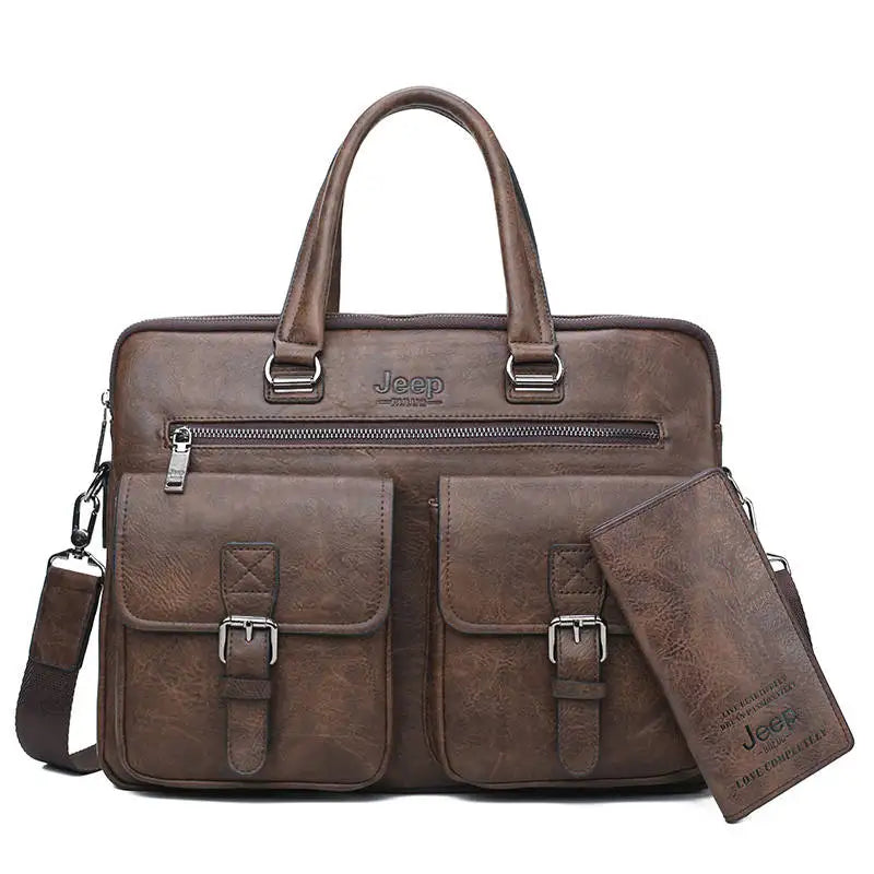 JEEP BULUO Men's Leather Briefcase Set 2pcs Laptop Bag
