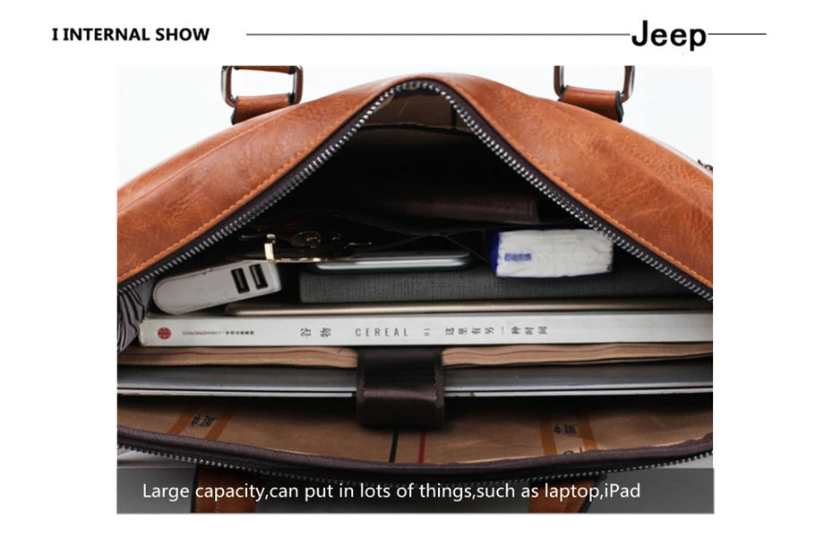 JEEP BULUO Men's Leather Briefcase Set 2pcs Laptop Bag
