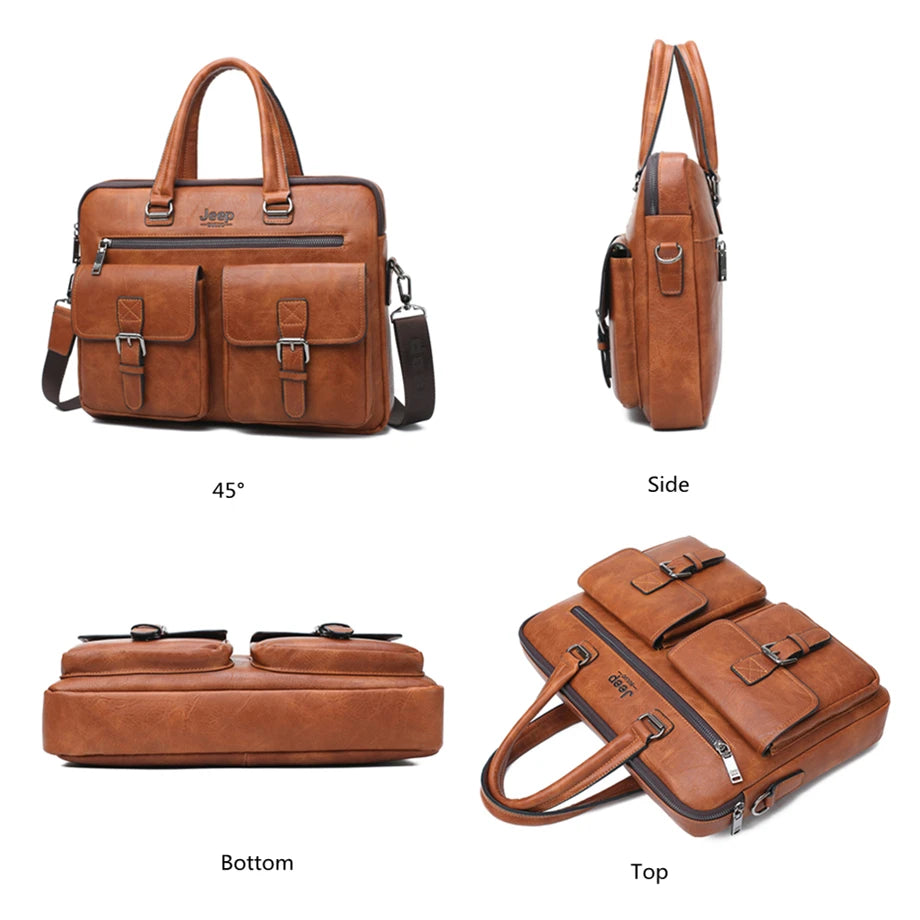 JEEP BULUO Men's Leather Briefcase Set 2pcs Laptop Bag