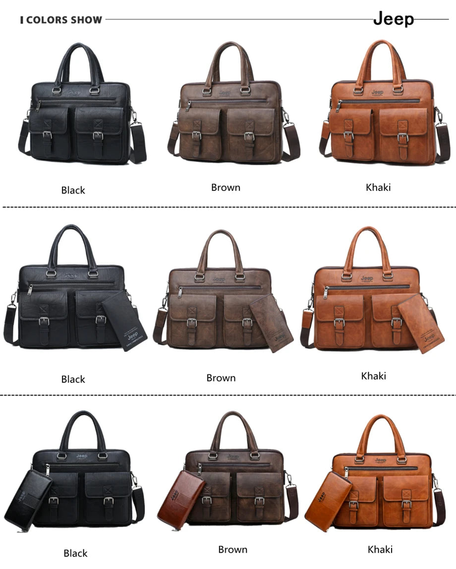 JEEP BULUO Men's Leather Briefcase Set 2pcs Laptop Bag