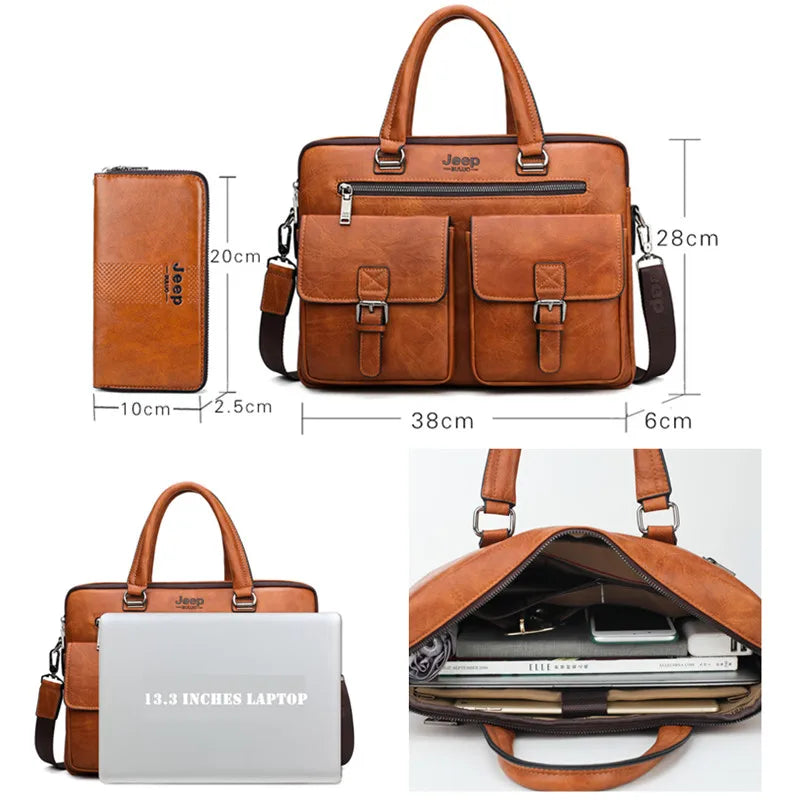 JEEP BULUO Men's Leather Briefcase Set 2pcs Laptop Bag