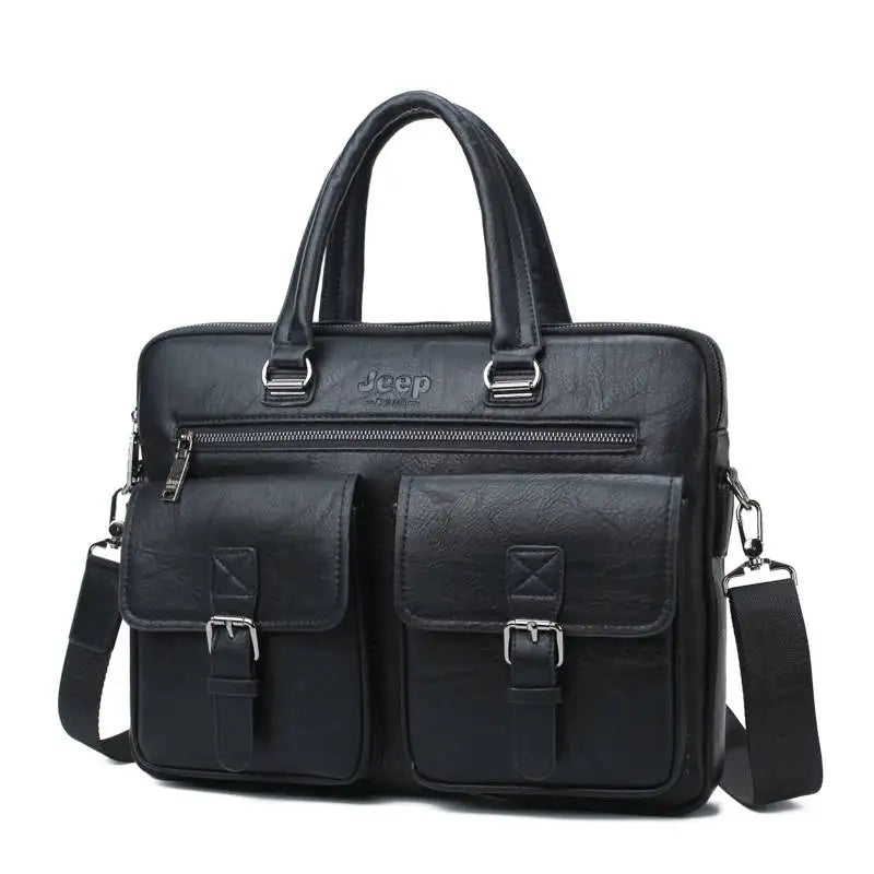JEEP BULUO Men's Leather Briefcase Set 2pcs Laptop Bag