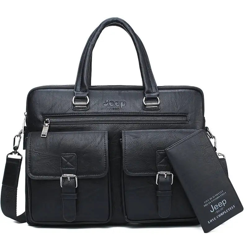 JEEP BULUO Men's Leather Briefcase Set 2pcs Laptop Bag