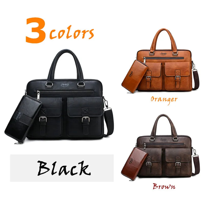 JEEP BULUO Men's Leather Briefcase Set 2pcs Laptop Bag