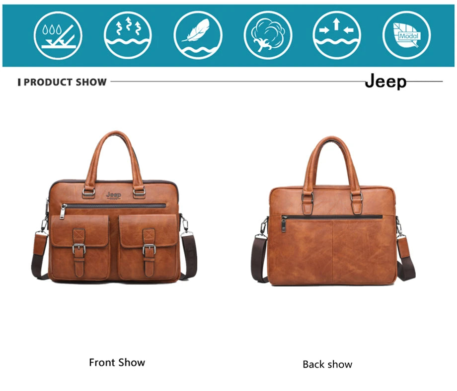 JEEP BULUO Men's Leather Briefcase Set 2pcs Laptop Bag