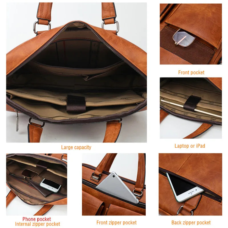 JEEP BULUO Men's Leather Briefcase Set 2pcs Laptop Bag