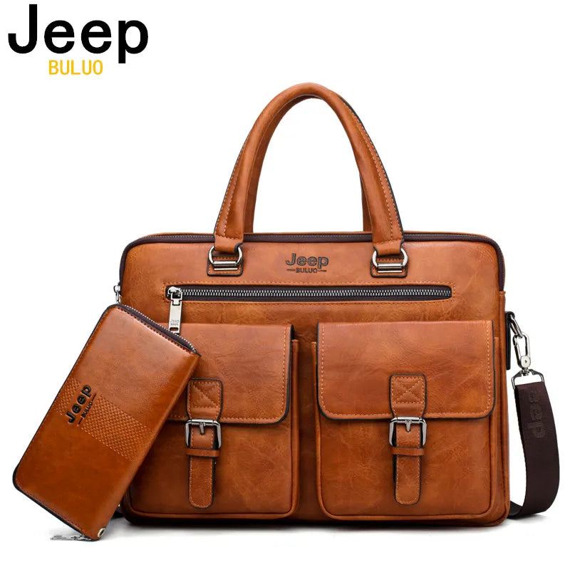 JEEP BULUO Men's Leather Briefcase Set 2pcs Laptop Bag