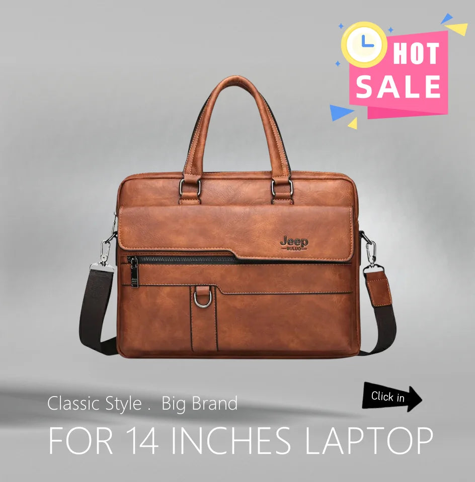 JEEP BULUO Men's Leather Briefcase Set 2pcs Laptop Bag