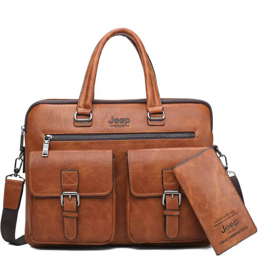 JEEP BULUO Men's Leather Briefcase Set 2pcs Laptop Bag